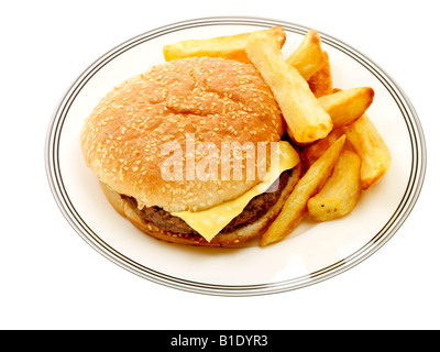 Cheeseburger et frites Banque D'Images