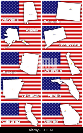Les Etats-Unis états des contours avec capitale contre floue drapeau américain, de l'Alabama à la Géorgie par ordre alphabétique Banque D'Images