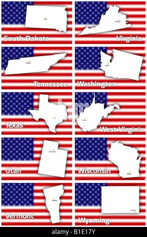 Les Etats-Unis états des contours avec capitale contre floue de drapeau américain, le Dakota du Sud de Wyoming par ordre alphabétique Banque D'Images