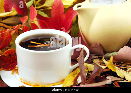 Une tasse et pot de thé Orange Pekoe chaud entouré de feuilles d'automne Banque D'Images