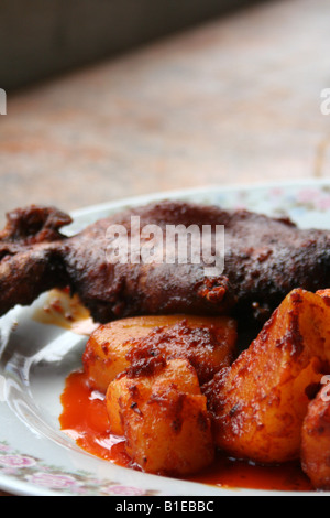 Picante de Cuy cuy épicé, un cobaye - aka - plat de pommes de terre et dans les hauts plateaux du nord du Pérou épicé à l'aji les poivrons. Banque D'Images