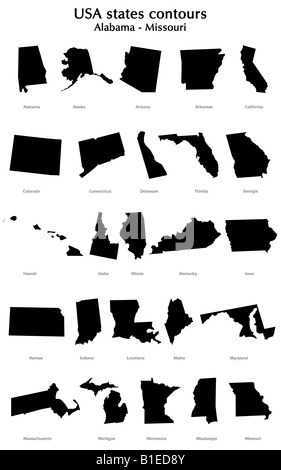 Contours, Etats Unis en noir sur fond blanc. De l'Alabama au Missouri par ordre alphabétique Banque D'Images