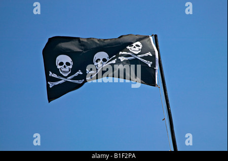 Trois crânes et les os d'un drapeau Banque D'Images