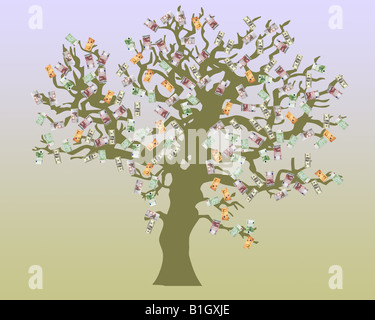 Arbre d'argent. Illustration de l'arbre conceptuel avec différentes devises : USD, Euro, Livres GB Banque D'Images