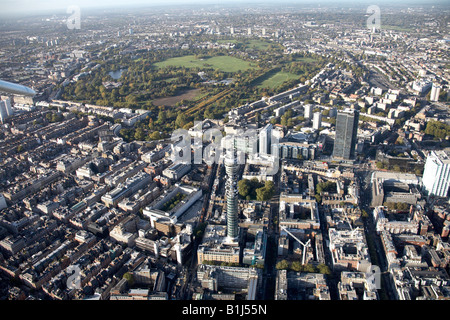 Vue aérienne au nord-ouest de Regents Park ville bâtiments British Telecommunications Tower Soho Londres NW1 W1 England UK Banque D'Images