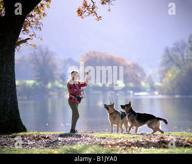 Fr - CUMBRIA : Femme avec deux chiens dans la région de Lake District National Park (Derwentwater) Banque D'Images