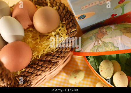 Oeufs de Pâques dans un panier avec des oeufs frais Banque D'Images