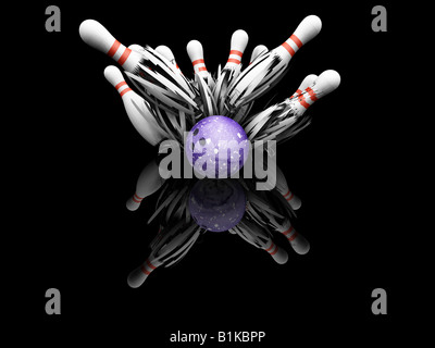 3D render of a bowling ball smashing en pins Banque D'Images