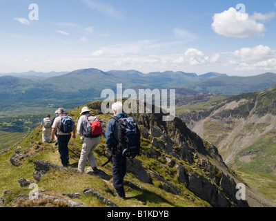 Groupe de randonneurs randonnée sur chemin de crête sur Moelwyn Mawr dans le parc national de Snowdonia en été. Le Nord du Pays de Galles Royaume-uni Grande-Bretagne Banque D'Images