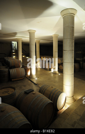 Des tonneaux de bois dans la petite entreprise vinicole israélienne du Golan 'Chateau', qui est situé sur les hauteurs du Golan. Banque D'Images