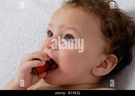 Little baby eating strawberry Banque D'Images