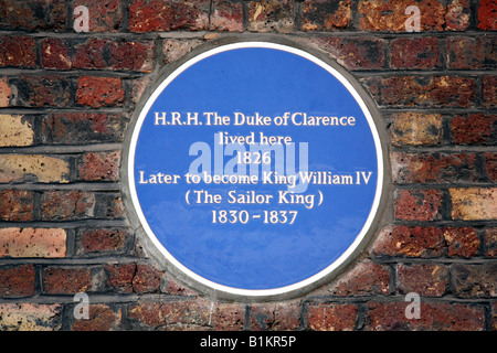 Blue plaque pour Son Altesse Royale le duc de Clarence, qui deviendra plus tard le roi William IV