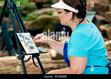 Une femme de race blanche dans la cinquantaine peint un paysage photo sur l'emplacement dans un parc dans le cadre d'un atelier de l'artiste. Oklahoma City, Oklahoma, USA Banque D'Images