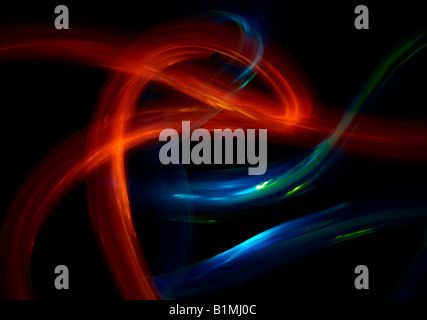 Des stries de lumière colorée sur fond noir produisent des patchs abstraits colorés pleins d'énergie Banque D'Images