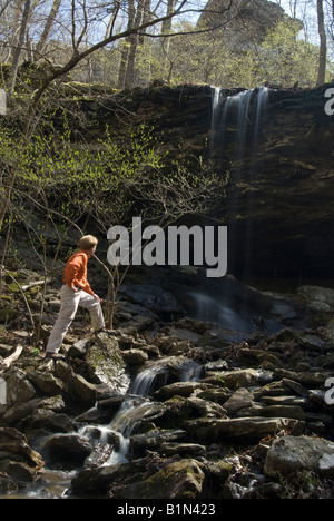 Male hiker près d'admirer une cascade près du Kings Bluff sentier dans la Forêt Nationale de l'Arkansas d'Ozark Banque D'Images