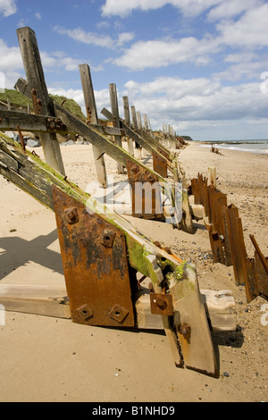 Vieux sur breakwater beach montrant une grave érosion côtière Happisburgh North Norfolk Coast UK Banque D'Images