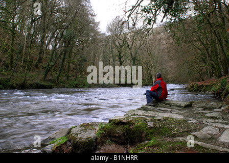 Un walker prend une pause à la recherche de l'autre côté de la rivière près de Barle Tarr étapes au sein du Parc National d'Exmoor Banque D'Images