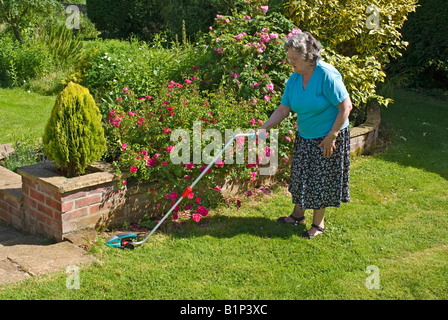 Dame à l'aide d'un jardinier sans fil Bosch Isio bordure gazon Tondeuse avec poignée télescopique s'étendant en Juin Banque D'Images