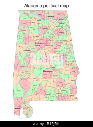 Carte politique de l'état de l'Alabama Banque D'Images