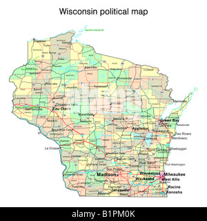 Carte politique de l'état du Wisconsin Banque D'Images