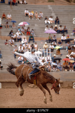 Gallup, Nouveau Mexique, USA - Native American cowboy rides une selle bronc dans un Indian Rodeo événement. Banque D'Images
