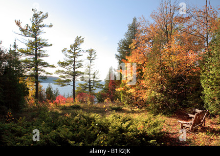 Vue sur le lac Michigan ET UN BANC EN BOIS DANS LA RÉSERVE NATURELLE DE COMPENSATION ET D'ÉCOLE POPULAIRE DANS LA RÉGION DE ELLISON BAY DOOR COUNTY WISCONSI Banque D'Images