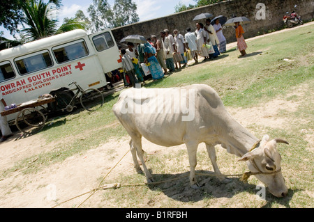 L'organisation aide les Indiens Howrah South Point distribue des médicaments à partir de l'arrière de l'un de leurs véhicules stationnés en face de Banque D'Images