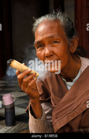 Vieille Femme, fumer un cheroot, Birman, Bagan, Birmanie, Myanmar, en Asie du sud-est Banque D'Images
