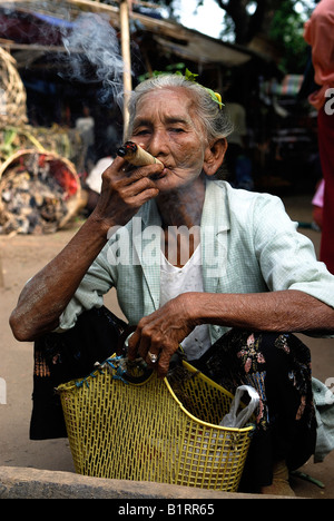 Vieille Femme, fumer un cheroot, Birman, Bagan, Birmanie, Myanmar, en Asie du sud-est Banque D'Images