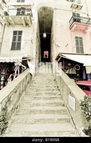 Marches de pierre menant à travers un passage étroit d'une ruelle à Riomaggiore, Liguria, Cinque Terre, Italie, Europe Banque D'Images