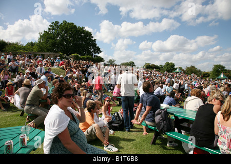 Foule de spectateurs assis sur Henman Hill au tennis de Wimbledon de déjeuner Banque D'Images