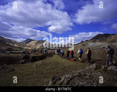 Les randonneurs traversant des Southern Highlands, l'Islande Banque D'Images