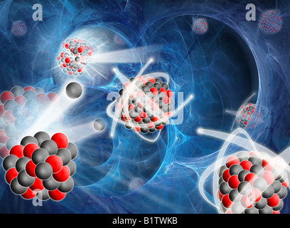 Image conceptuelle de la fission nucléaire, avec des atomes vu à briser de neutrons libres et la libération de vastes quantités d'énergie bleue Banque D'Images