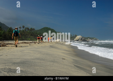 Groupe de touristes marchant sur la plage de Parc National Naturel de Tayrona, Colombie Banque D'Images