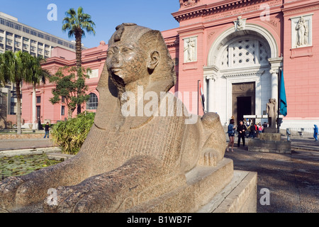 Le Caire, Égypte. Le Musée égyptien, le Sphinx statue en premier plan Banque D'Images