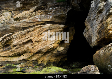 La formation de rochers de grès et de grottes. Hopeman bay côte, Morayshire, Ecosse Banque D'Images