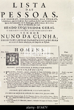 Programme d'un Auto de Fe Lisbonne, Portugal, 1746. Extrait du livre The Spanish Inquisition de Cecil Roth, publié en 1937. Banque D'Images