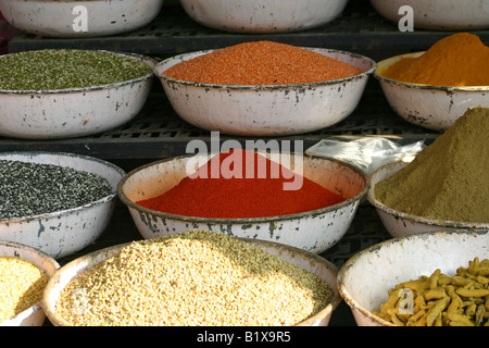 Épices sur l'affichage à un marché aux légumes à Udaipur, Inde Banque D'Images