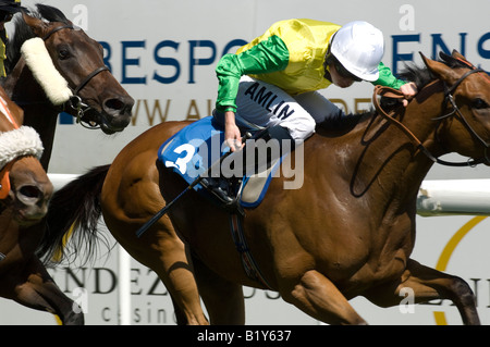 Jockey Champion Ryan Moore équitation Vigano gagne de Benedetto dans la deuxième course à courses Brighton Banque D'Images