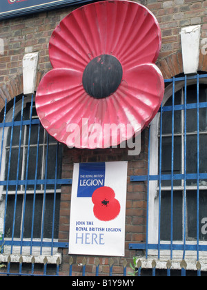 Royaume-uni British Legion plaque à l'ordre des chapeaux mémorable étain office de coquelicots sur la fenêtre , , Londres. Photo © Julio Etchart Banque D'Images