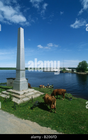 Leningrad,StPetersburg,un mémorial de guerre à Vovnesenye.Les vaches qui paissent et le pêcheur sur theRiverNeva contraste avec 1941. Banque D'Images