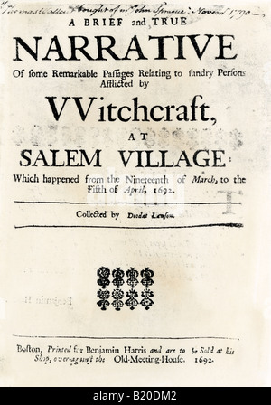 La sorcellerie à Salem Village page de titre de 1692. Gravure sur bois avec un lavage à l'aquarelle Banque D'Images