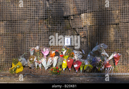 Boquets de fleurs placé une route où jeune homme a été tué dans un accident de la route mortel465 South Wales UK UE Banque D'Images