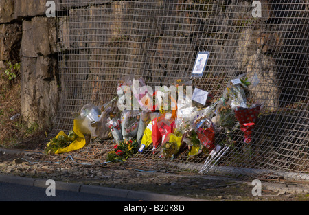 Boquets de fleurs placé une route où jeune homme a été tué dans un accident de la route mortel465 South Wales UK UE Banque D'Images