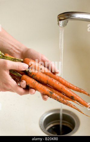 Jeune femme lave-home grown carottes sous un robinet dans l'évier Banque D'Images