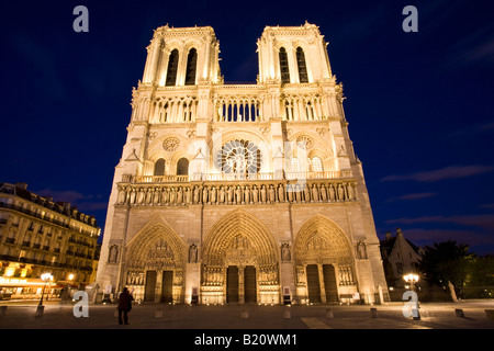 La Cathédrale Notre Dame des courts éclairés en lumière nuit soirée illuminations Paris France Europe UE Banque D'Images