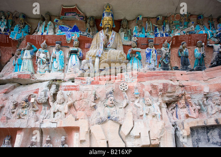 Sculptures rupestres de Dazu scène reliious au Mont Baoding Chongqing Chine Banque D'Images