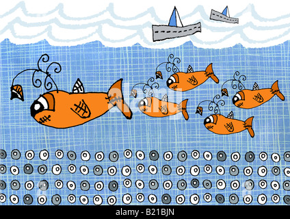 Illustrations de style pour enfants de poissons nager dans la mer Banque D'Images