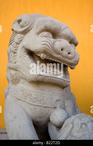 Un lion à l'extérieur du Temple du Bouddha de Jade à Shanghai, Chine. Souvent les lions montent la garde en face de bâtiments importants en Chine. Banque D'Images