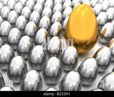 3D render d'un oeuf de Pâques en or parmi beaucoup d'oeufs d'argent Banque D'Images